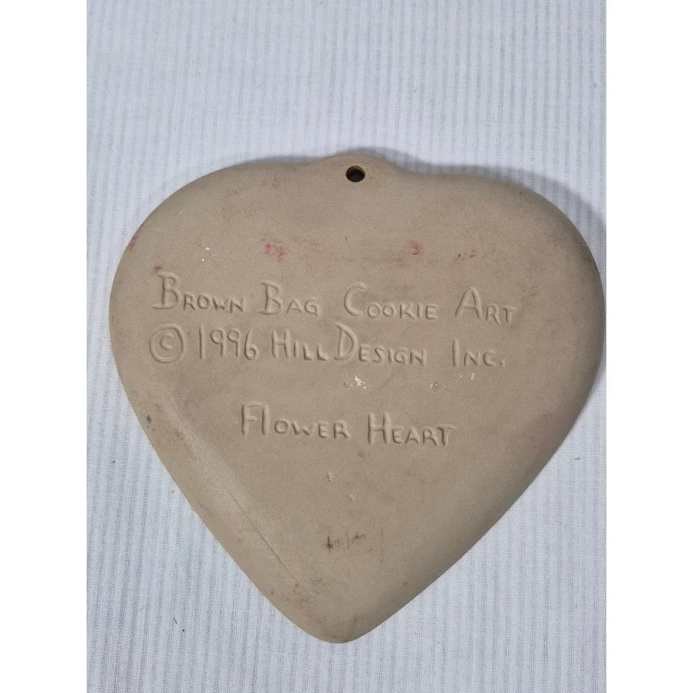 Vintage Brown Bag Cookie Art Heart Floral Stoneware Mold Scalloped Ceramic Tan